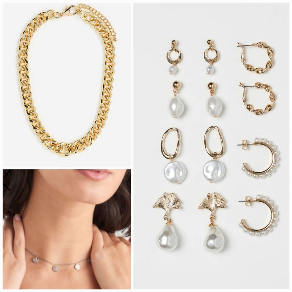 NWT H&M 9 Piece Lot of Jewelry Chunky Chain Silver Pendant Faux Pearl Earrings